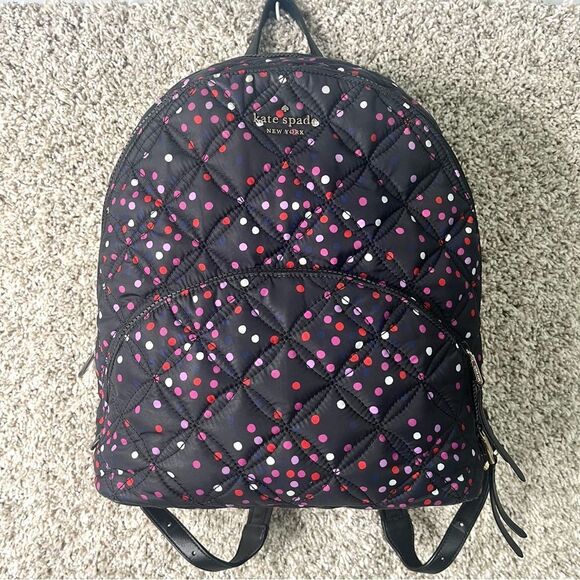 Kate Spade Backpack Women’s Karissa Nylon Quilted Black & Pink Polka Dot Large - Picture 1 of 16